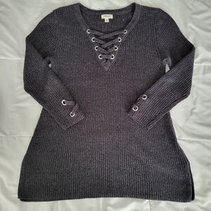 Style & Co. Charcoal V-Neck Lace-Up Sweater